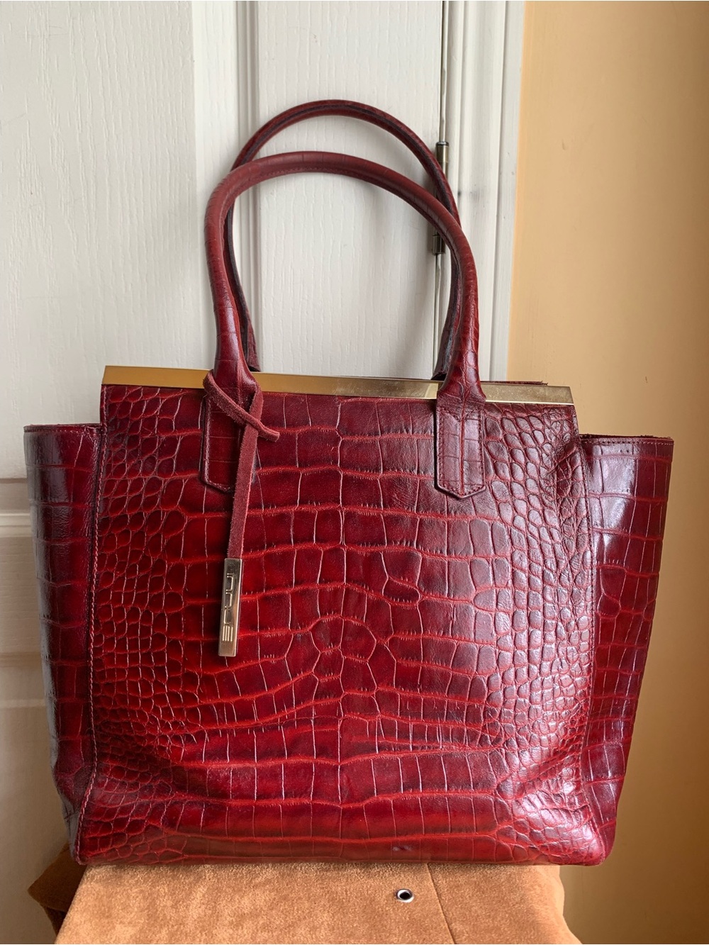 Genuine Croc-Embossed burgundy Leather Tote with Top Handles